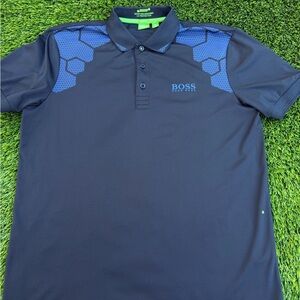 Hugo Boss Men’s Dark Blue Polo Shirt with Patterned Shoulders
